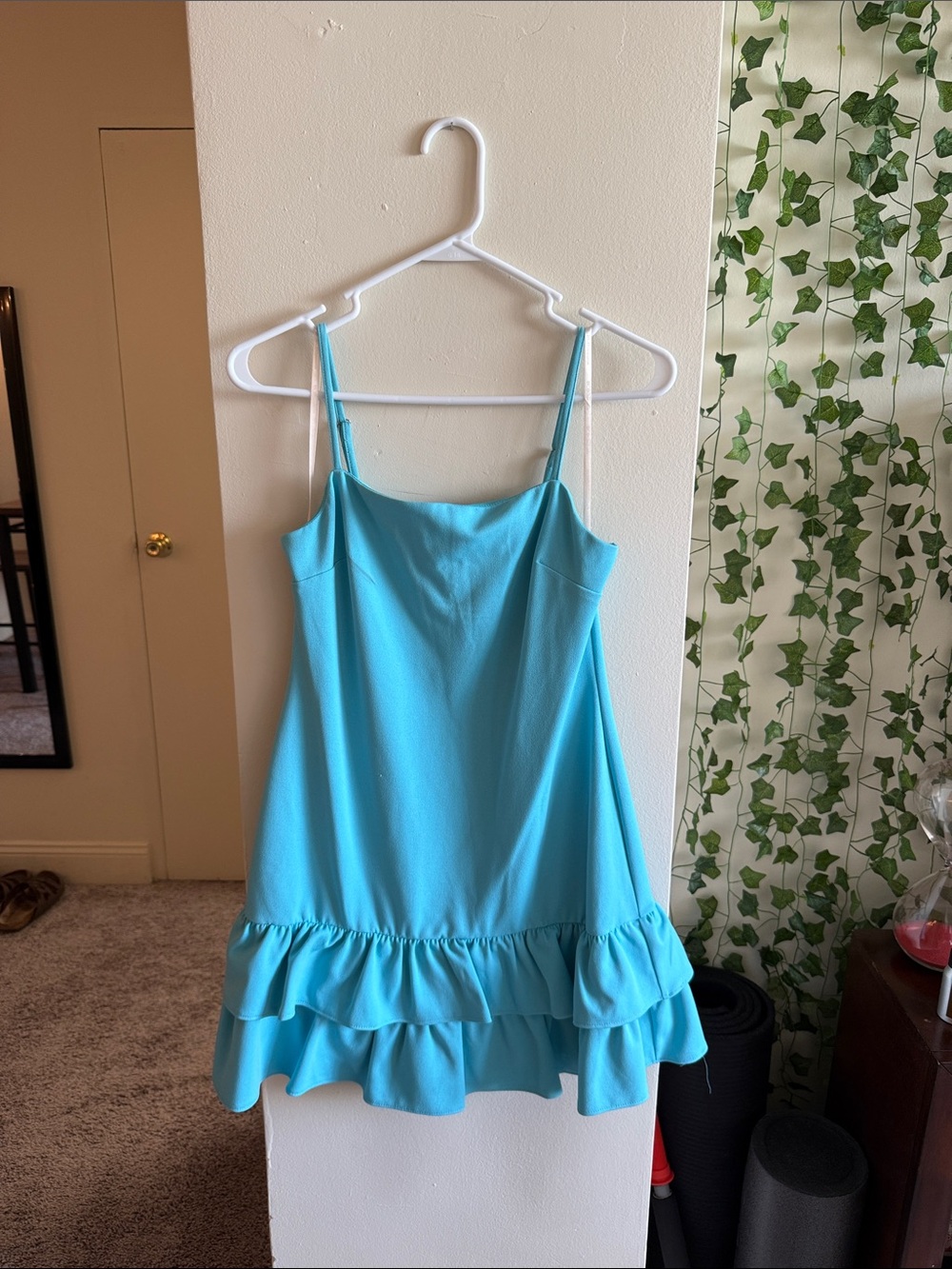 Aqua Blue Ruffle Hem Spaghetti Strap Dress
